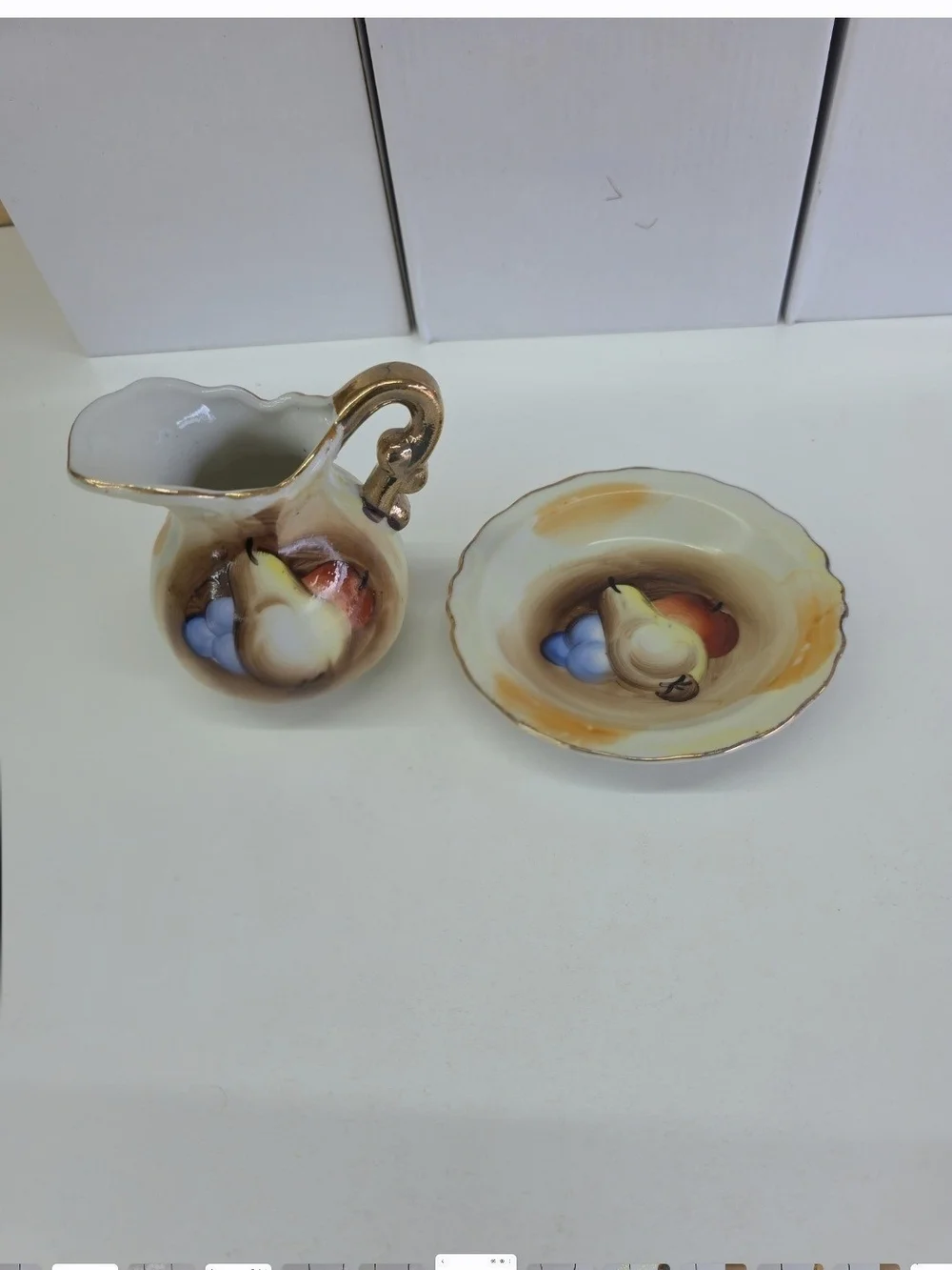 Hand-Painted Fruit Porcelain Creamer and Bowl Set - Gold Trim -